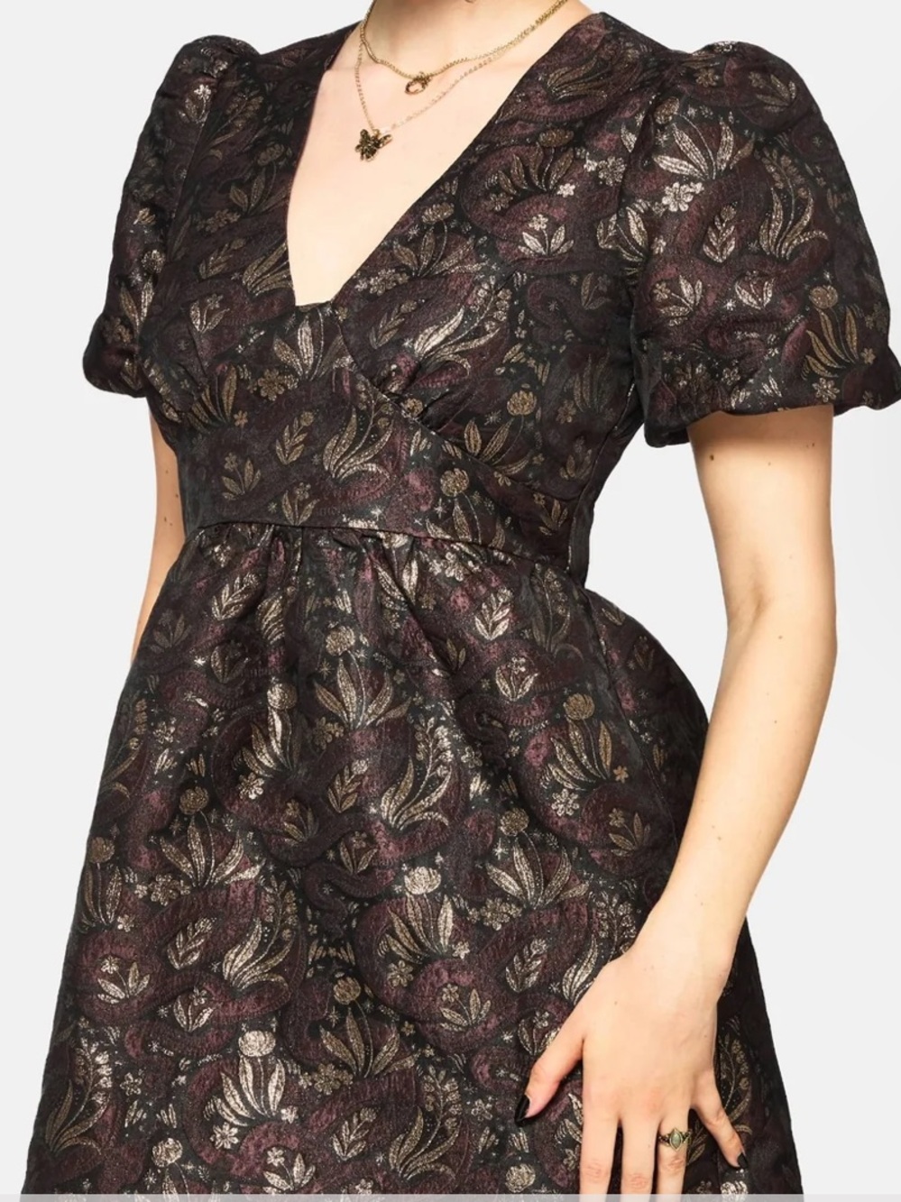 Disturbia NWT Rena Snake Jacquard Puff Sleeve Mini Dress Brown Gold Metallic Sz8 - Picture 15 of 17